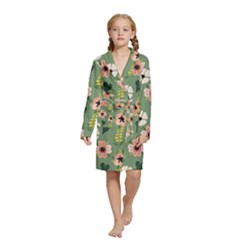 Flower Green Pink Pattern Floral Kids  Long Sleeve Velvet Lounge Robe by anzea