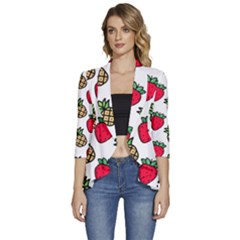 Strawberries Pineapples Fruits Women s 3/4 Sleeve Ruffle Edge Open Front Jacket by Loisa77