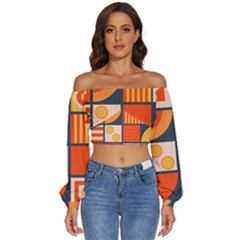 Square Shapes Pattern Design Long Sleeve Crinkled Weave Crop Top by Loisa77