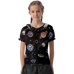 Glittering Planets Space Galaxy Glitter Black Kids  Frill Chiffon Blouse by Perong