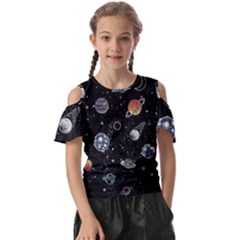 Glittering Planets Space Galaxy Glitter Black Kids  Butterfly Cutout T-shirt by Perong