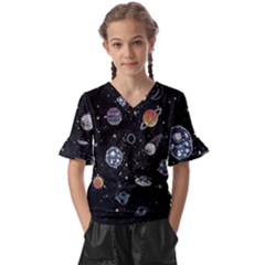 Glittering Planets Space Galaxy Glitter Black Kids  V-neck Horn Sleeve Blouse by Perong