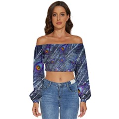 Peacock Bird Feathers Coloured Plumage Long Sleeve Crinkled Weave Crop Top by Perong