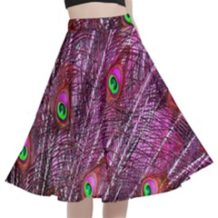 Peacock Feathers Coloured Plumage Pink Red A-line Full Circle Midi Skirt With Pocket by Perong