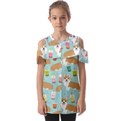 Corgi Boba Tea Bubble Tea Kawaii Food Welsh Corgis Dog Pattern Fold Over Open Sleeve Top by Perong