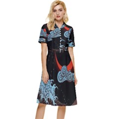 Night In The Ocean Red Waves Art Moon Dark Japanese Wave Button Top Knee Length Dress by Perong