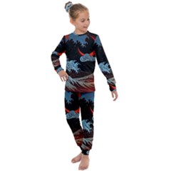 Night In The Ocean Red Waves Art Moon Dark Japanese Wave Kids  Long Sleeve Set  by Perong