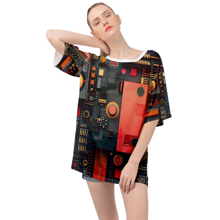 Tech Technology Pattern Oversized Chiffon Top