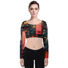 Tech Technology Pattern Velvet Long Sleeve Crop Top by Salmanaz77