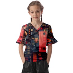 Tech Technology Pattern Kids  V-neck Horn Sleeve Blouse by Salmanaz77