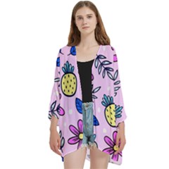 Flowers Petals Pineapples Fruit Open Front 3/4 Sleeve Batwing Chiffon Cardigan Kimono by Paksenen