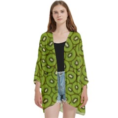 Kiwi Fruit Pattern Green Background Open Front 3/4 Sleeve Batwing Chiffon Cardigan Kimono by Paksenen