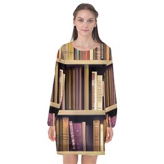 Books Bookshelves Office Fantasy Background Artwork Book Cover Apothecary Book Nook Literature Libra Long Sleeve Chiffon Shift Dress  by Posterlux