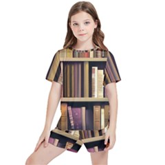 Books Bookshelves Office Fantasy Background Artwork Book Cover Apothecary Book Nook Literature Libra Kids  T-shirt And Sports Shorts Set by Posterlux