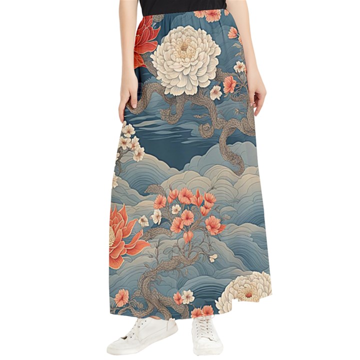 Seamless Pattern Chinoiserie Flowers Maxi Chiffon Skirt