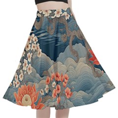 Seamless Pattern Chinoiserie Flowers A-line Full Circle Midi Skirt With Pocket by Paksenen