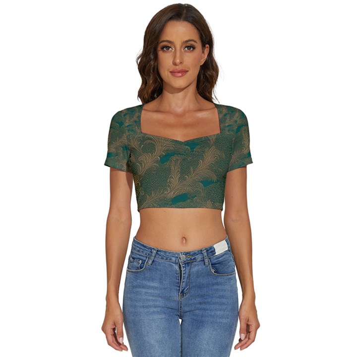 Seamless Pattern Pattern Leaves Short Sleeve Square Neckline Crop Top 