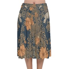 Seamless Pattern Patterns Leaves Vintage Velvet Flared Midi Skirt by Paksenen