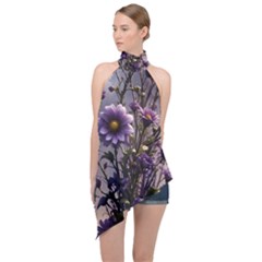 Flower Bloom Blossom Nature Flora Halter Asymmetric Satin Top by Apenda