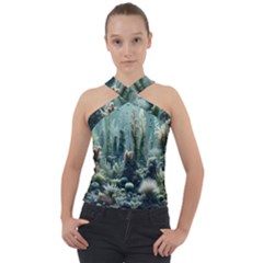 Underwater Coral Life Cross Neck Velour Top by Apenda