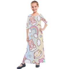 Usheen Carebears, Bears, Cat, Colorful, Cute, Pastel, Pattern Kids  Quarter Sleeve Maxi Dress by kyorashop23