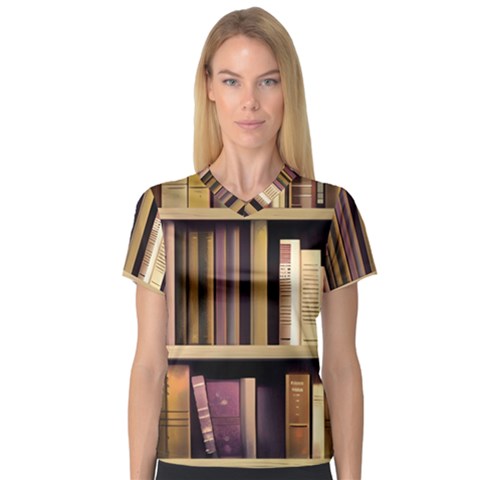 Books Bookshelves Office Fantasy Background Artwork Book Cover Apothecary Book Nook Literature Libra V-neck Sport Mesh T-shirt by Posterlux