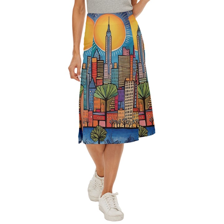 City New York Nyc Skyscraper Skyline Downtown Night Business Urban Travel Landmark Building Architec Midi Panel Skirt