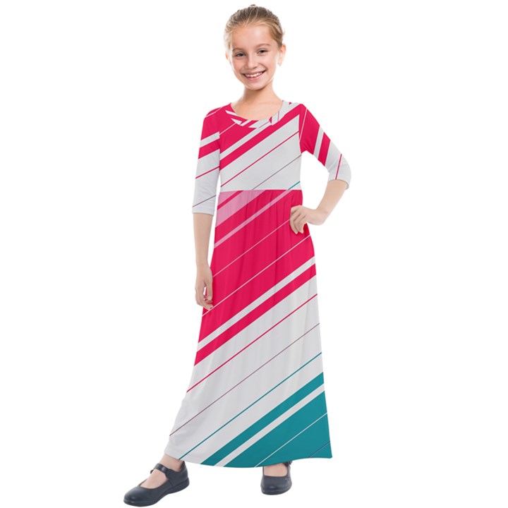 Red White Teal Stripes Kids  Quarter Sleeve Maxi Dress