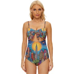 City New York Nyc Skyscraper Skyline Downtown Night Business Urban Travel Landmark Building Architec Knot Front One-piece Swimsuit by Posterlux