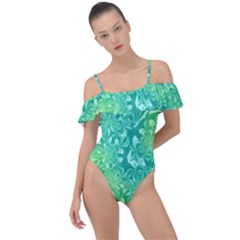 Retro Flower Pattern Design Batik Frill Detail One Piece Swimsuit by Posterlux