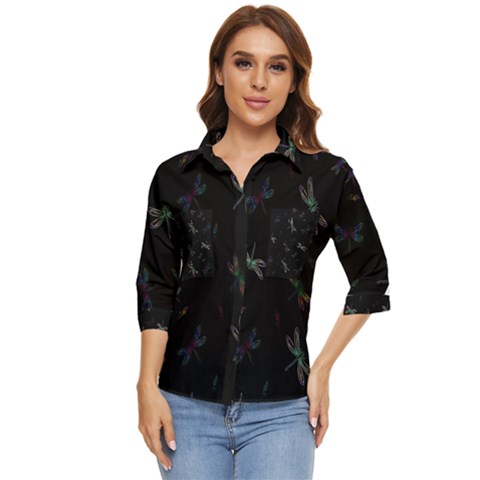 Background Pattern Dragonfly Women s Quarter Sleeve Pocket Shirt by Posterlux