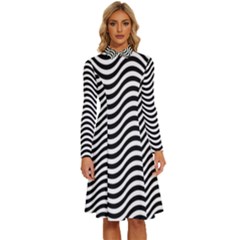 Black White Wave Pattern Wavy Water Seamless Long Sleeve Shirt Collar A-line Dress by Posterlux