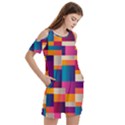 Abstract Geometry Blocks Women s Cold Shoulder Round Neck Mini Dress View3