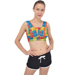 Lego Bricks, Colorful Dots Background V-back Sports Bra by kyorashop23