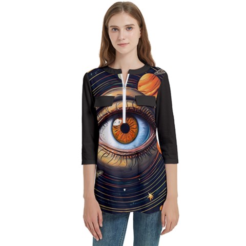 Eye Of The Universe (ai) Women s Zip Front V-neck 3/4 Sleeve Casual Top Pocket Shirt by dflcprintsclothing