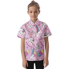 Beautiful Cute Animals Pattern Pink Kids  Short Sleeve Shirt by Grandong