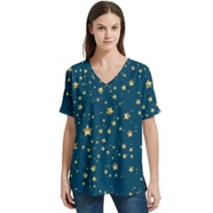 Star Golden Pattern Christmas Design White Gold V-neck Split Shoulder Casual T-shirt by Apen