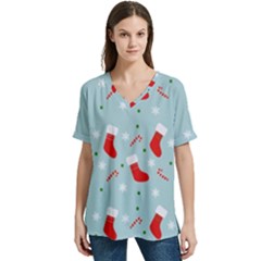 Christmas Pattern V-neck Split Shoulder Casual T-shirt by Apen