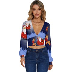 Deer Santa Claus Flying Trees Moon Night Merry Christmas Long Sleeve Deep-v Velour Top by anzea