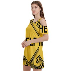 Caution Road Sign Help Cross Yellow Women s Cold Shoulder Round Neck Mini Dress by anzea