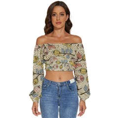 Seamless Pattern With Flower Bird Long Sleeve Crinkled Weave Crop Top by Bedest