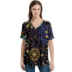 Gold Teal Snowflakes Gold Abstract Christmas V-neck Split Shoulder Casual T-shirt by Bedest