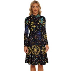 Gold Teal Snowflakes Gold Abstract Christmas Long Sleeve Shirt Collar A-line Dress by Bedest