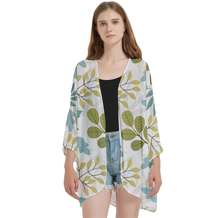 Leaf seamless pattern  Open Front 3/4 Sleeve Batwing Chiffon Cardigan Kimono