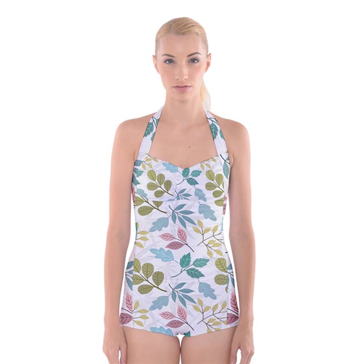 Leaf seamless pattern  Boyleg Halter Swimsuit 