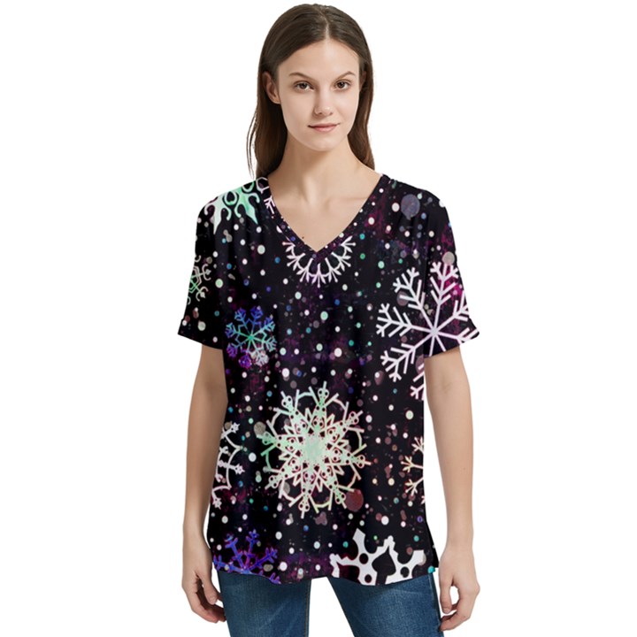 Shiny Winter Snowflake Abstract Christmas Cold Crystal December V-Neck Split Shoulder Casual T-Shirt