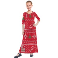 Red Christmas Pattern Xmas Decorations, Christmas Knitted Texture Kids  Quarter Sleeve Maxi Dress by kyorashop23