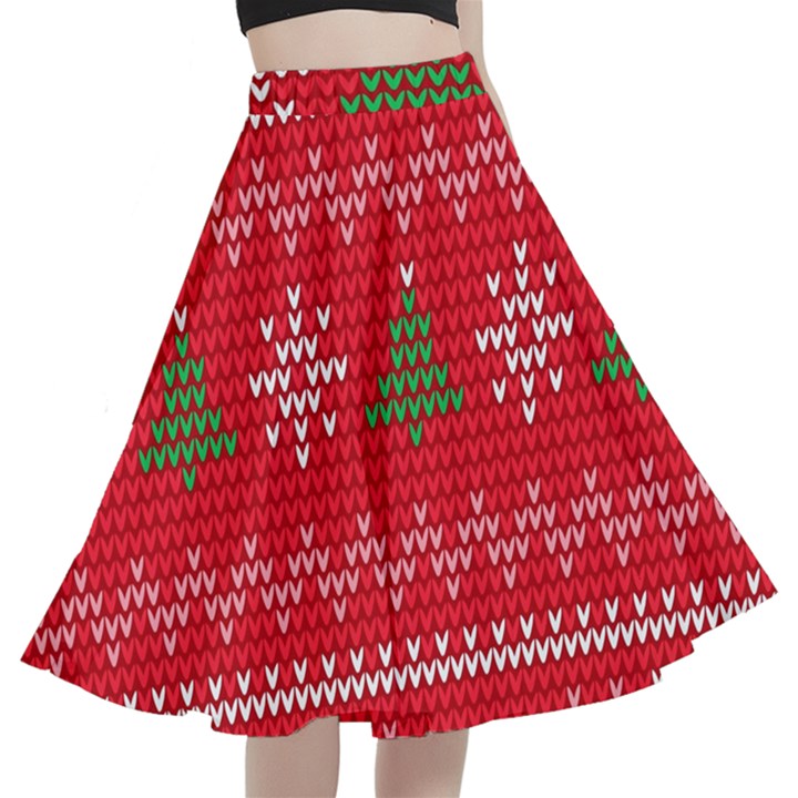 Red Christmas Pattern Xmas Decorations, Christmas Knitted Texture A-Line Full Circle Midi Skirt With Pocket