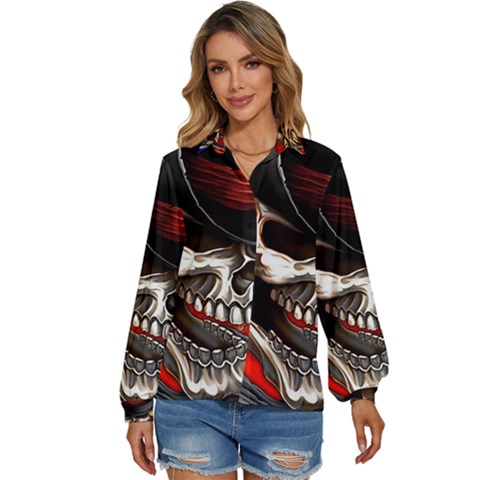 Confederate Flag Usa America United States Csa Civil War Rebel Dixie Military Poster Skull Women s Long Sleeve Button Up Shirt by Ket1n9