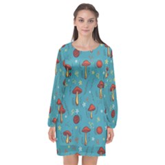 Whimsical Mushroom Pattern Long Sleeve Chiffon Shift Dress  by Drawde